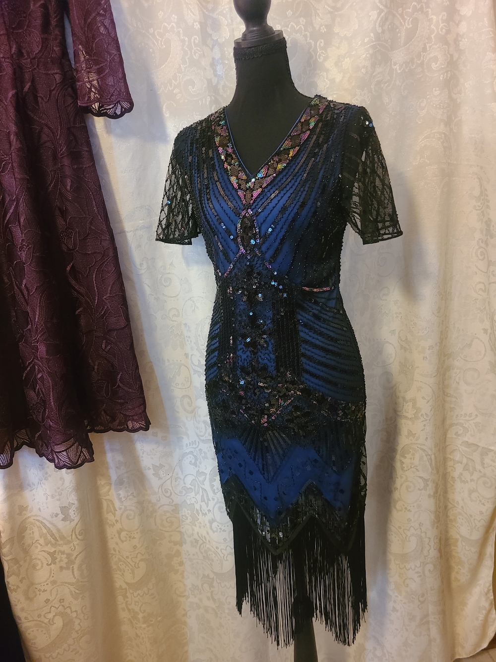 Vintage-Inspired Beaded Blue Fringe Dress
